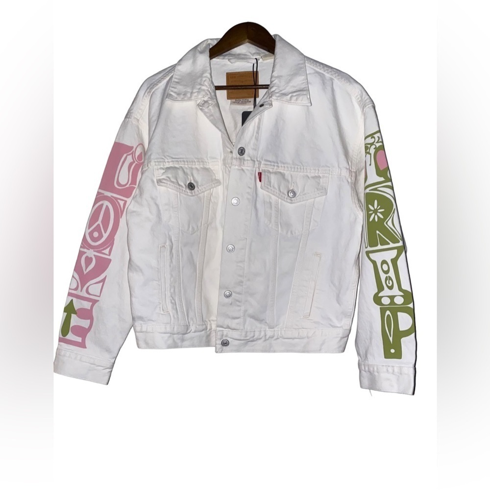 Levi's Crazy Legs Groovy Trucker Jacket Light White Summer of Love Women M NEW